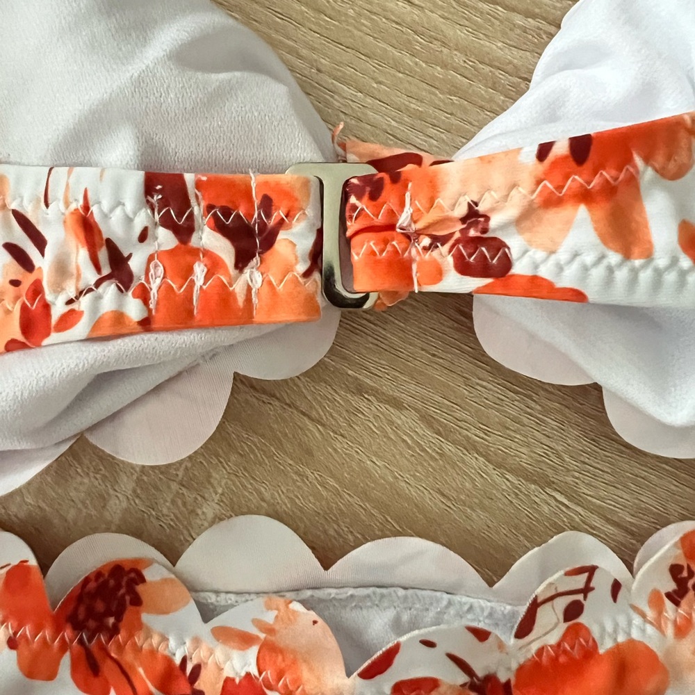 Orange Floral Scallop Trim Bandeau High Waisted Bikini Set - Picture 5 of 7